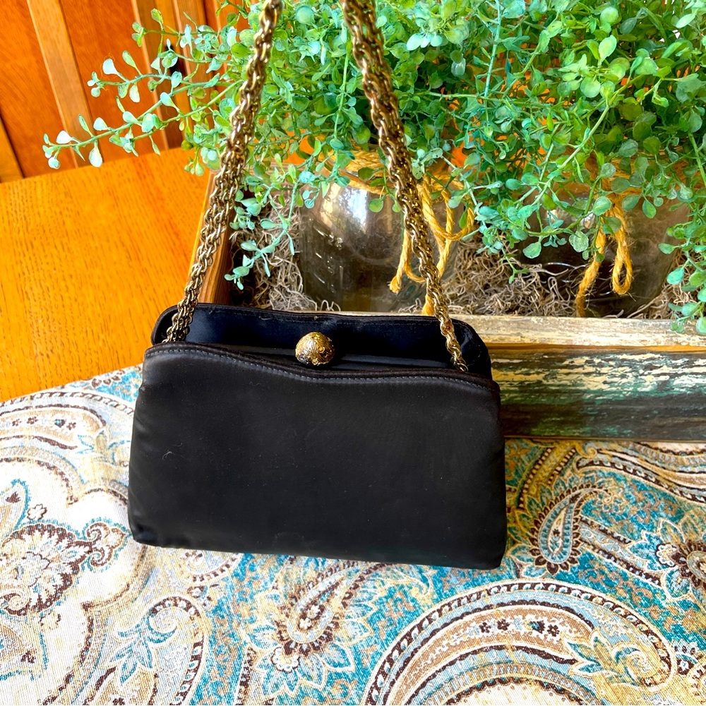 HL USA vintage satin taffeta kiss lock mini bag black gold tone
